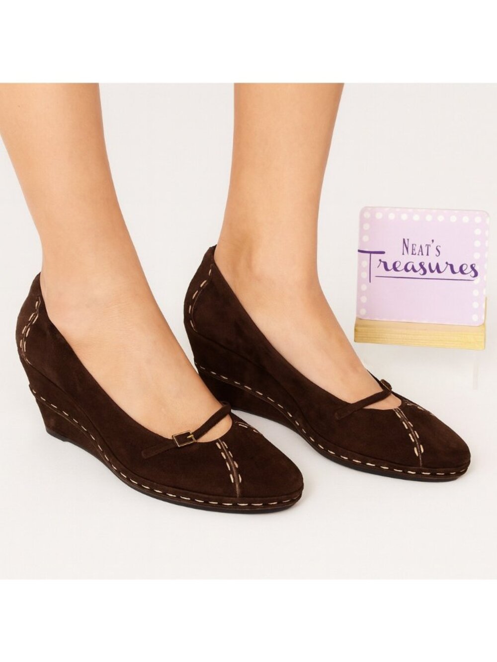 Cole Haan Chocolate Brown Suede Mary Jane Wedge Covered Heel Shoes Size 8.5 B